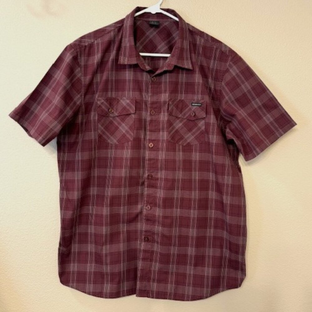 Oakley Short Sleeve Button Up Shirt Burgandy Paid Dark Red Mens Size XL EUC 1079